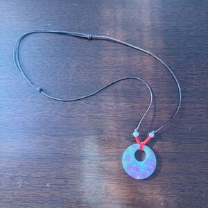 Round Ceramic Pendant Necklace, Painted Pink Flowers & Adjustable Leather Cord